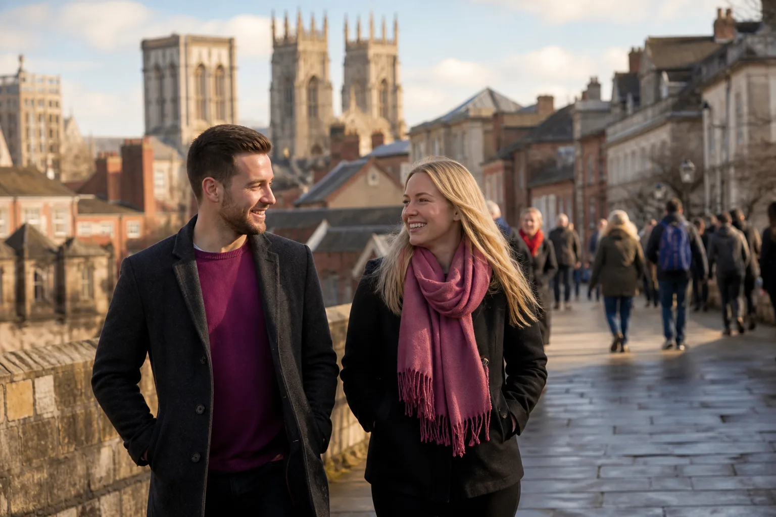 Two single adults talking over coffee in York city centre