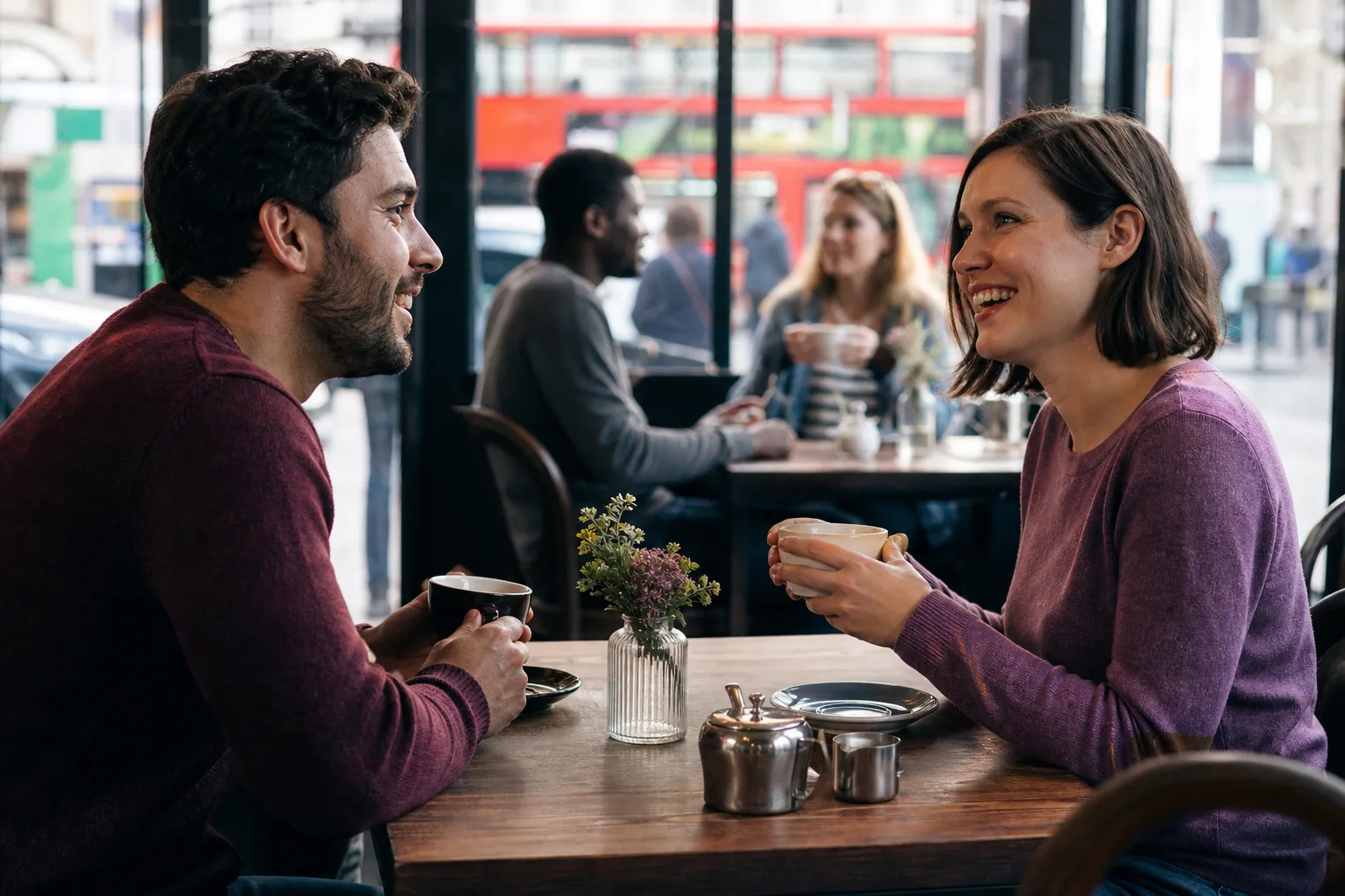 Two people talking over coffee in York city centre