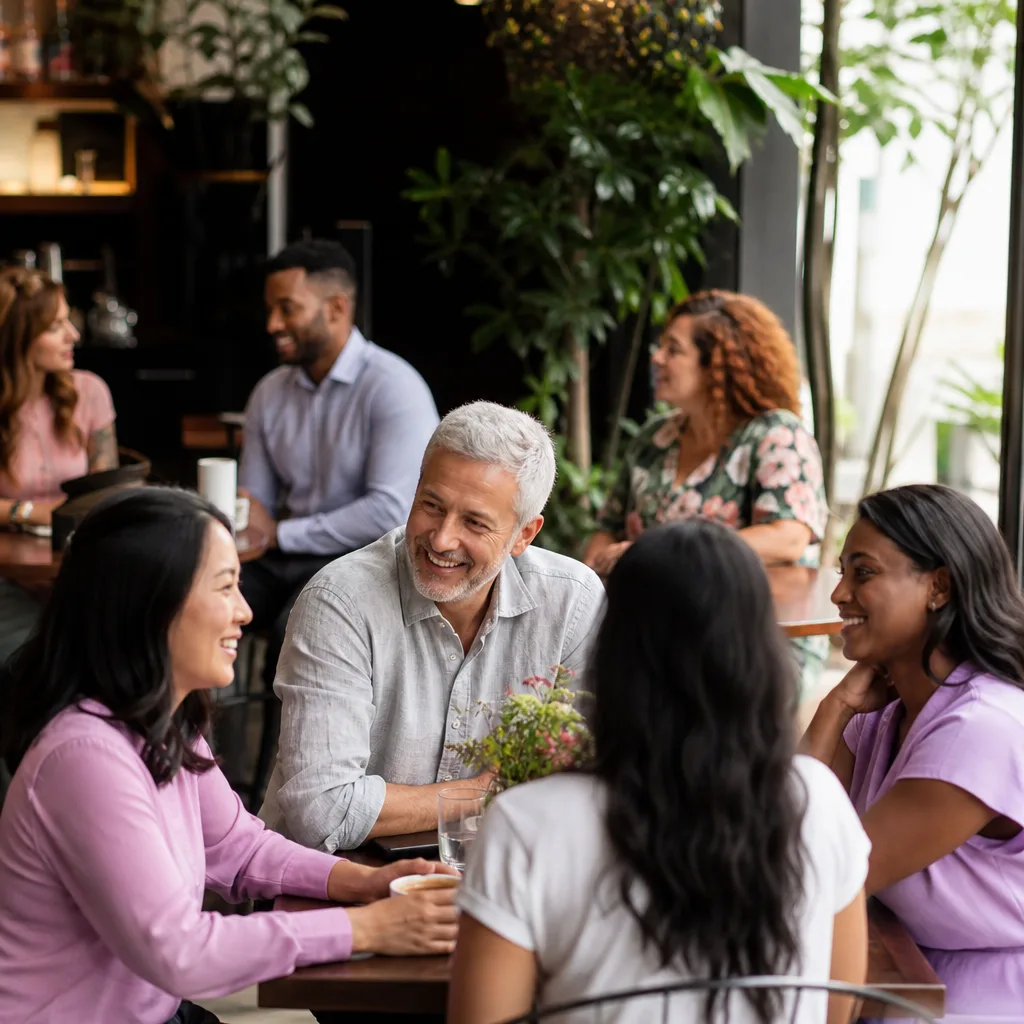 Friends talking over drinks at a casual York city-centre event