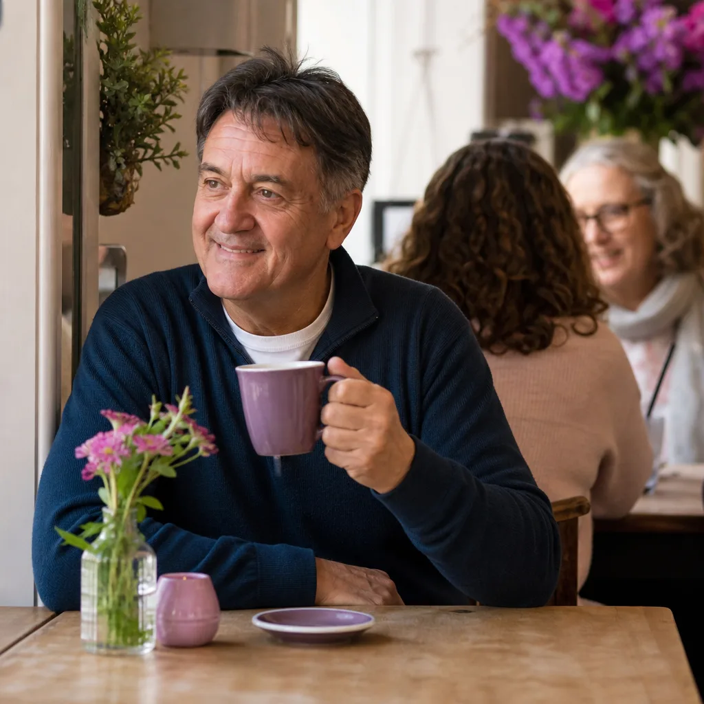 Two adults talking over coffee at a quiet table in York