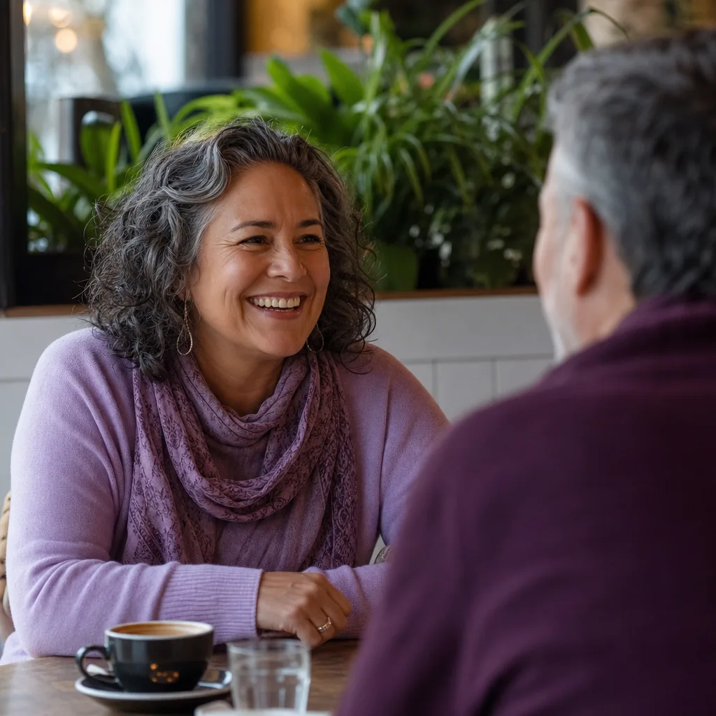 Mature woman arranging a local date on her phone at a York café
