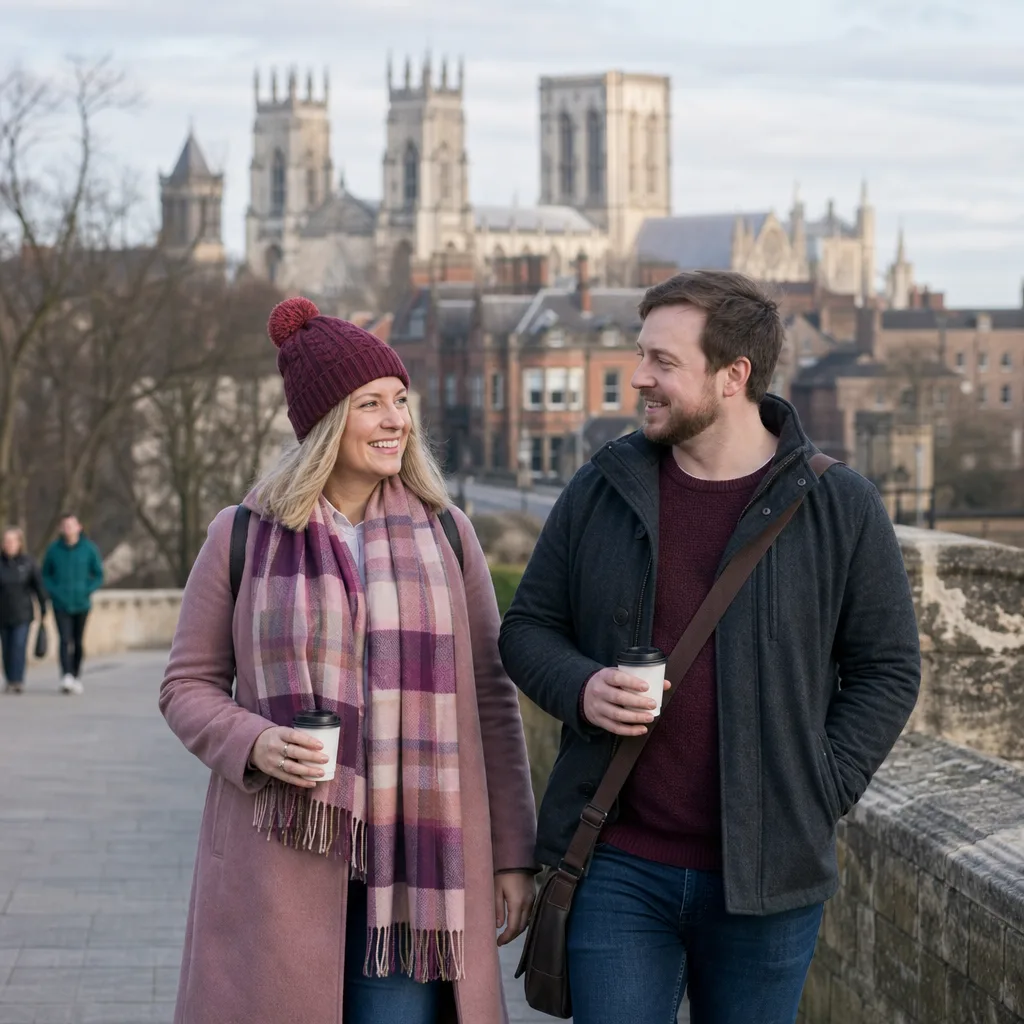 A couple walking through Rowntree Park beside the River Ouse