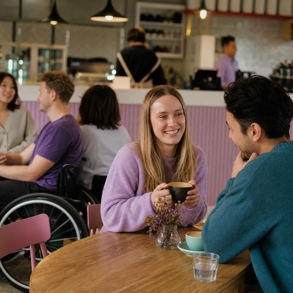 Two people having a relaxed conversation at a public venue in York