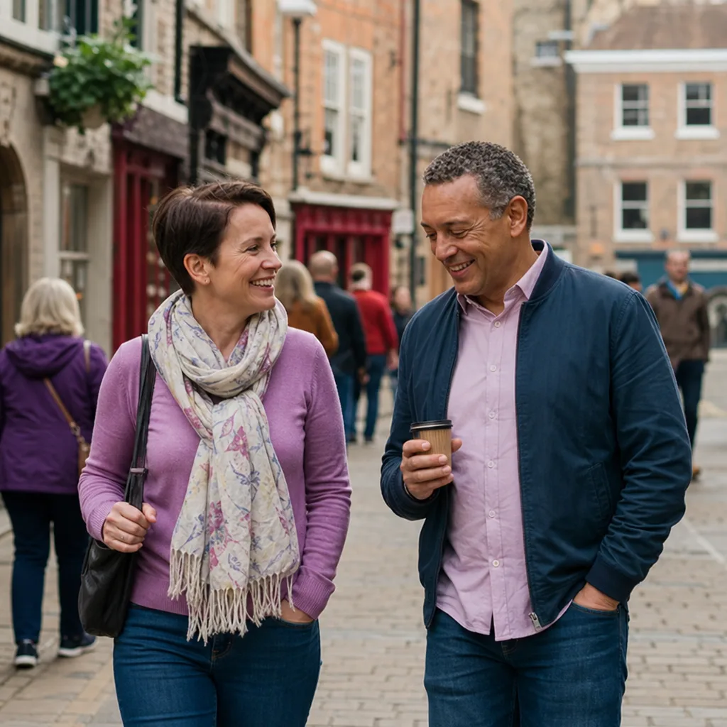 Two adults meeting in a public square in York