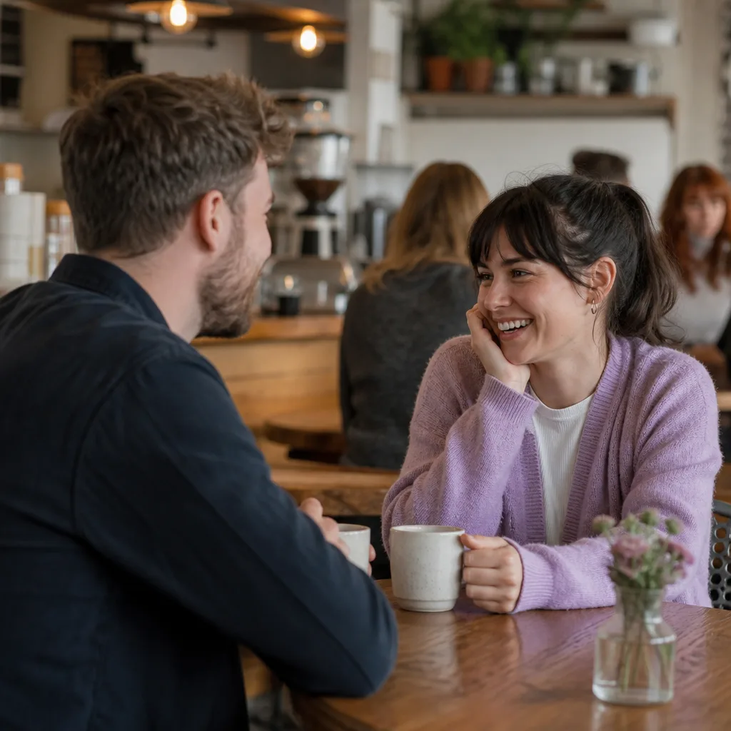 Two adults chatting at a bright café table in York